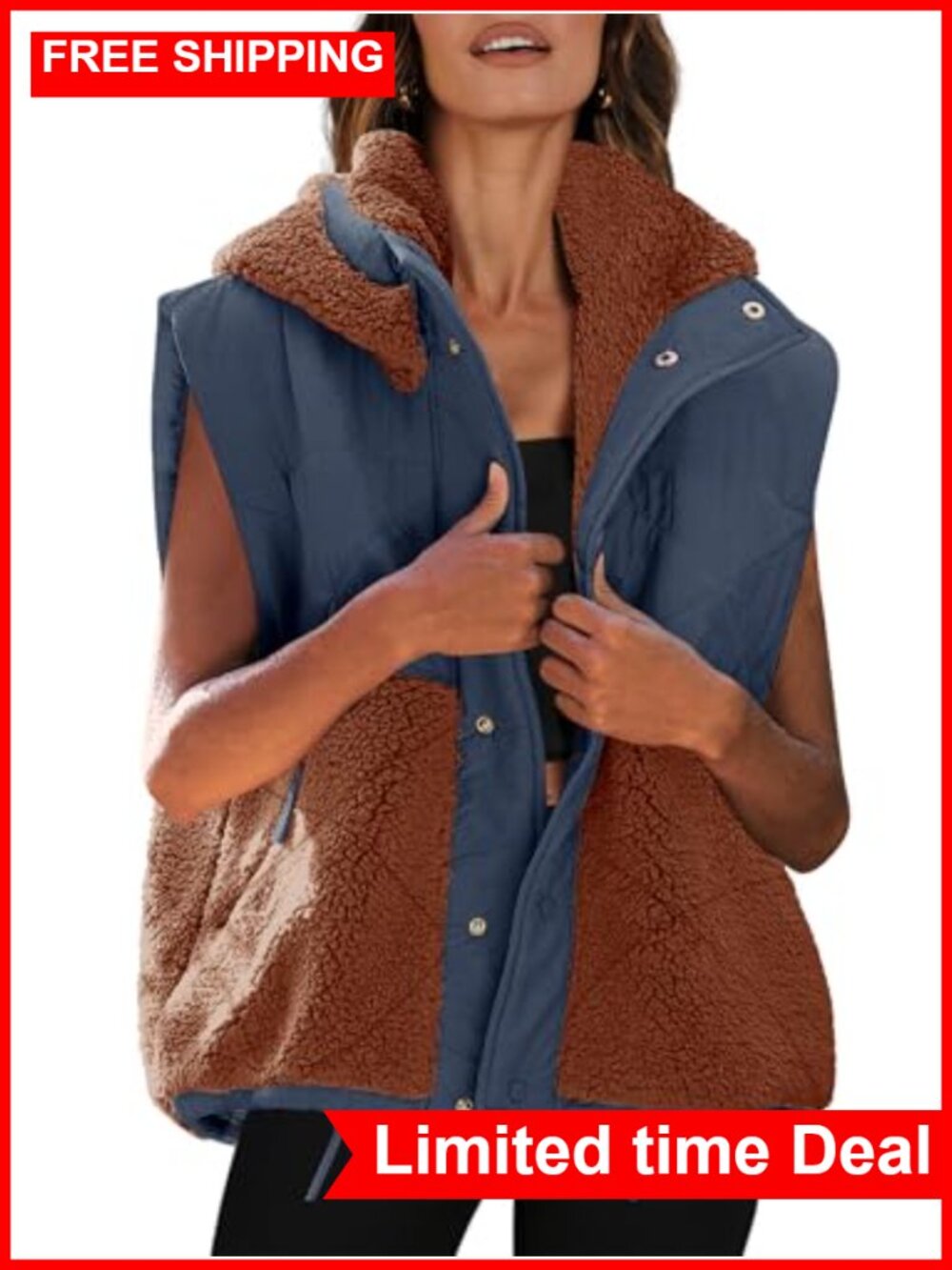 Womens Sherpa Vest Oversized Quilted Puffer Hooded Fleece Outerwear